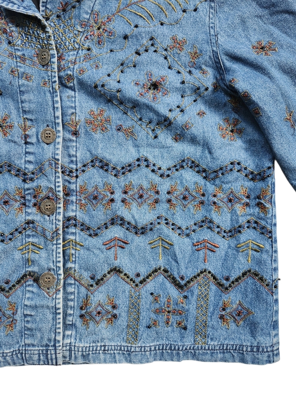 Vintage Embroidered Beaded Denim Shirt | Boho Western Festival | Large